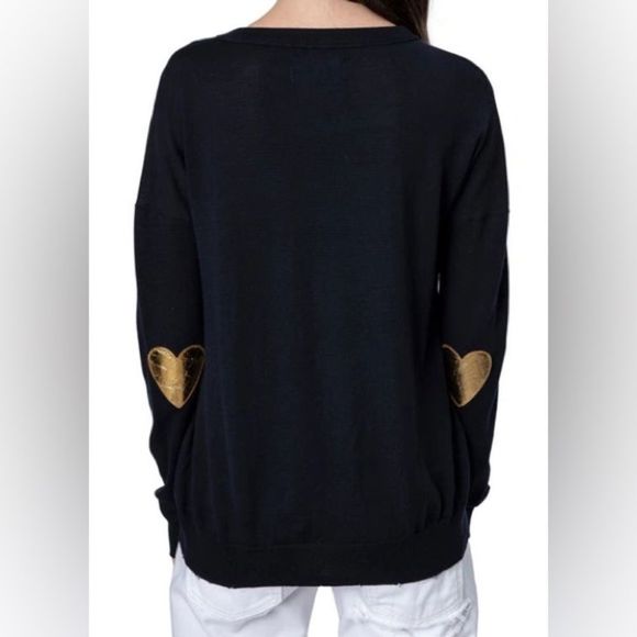 Zadig & Voltaire Cici Black Merino Wool Heart Patch Crewneck Pullover Sweater L - Picture 1 of 6